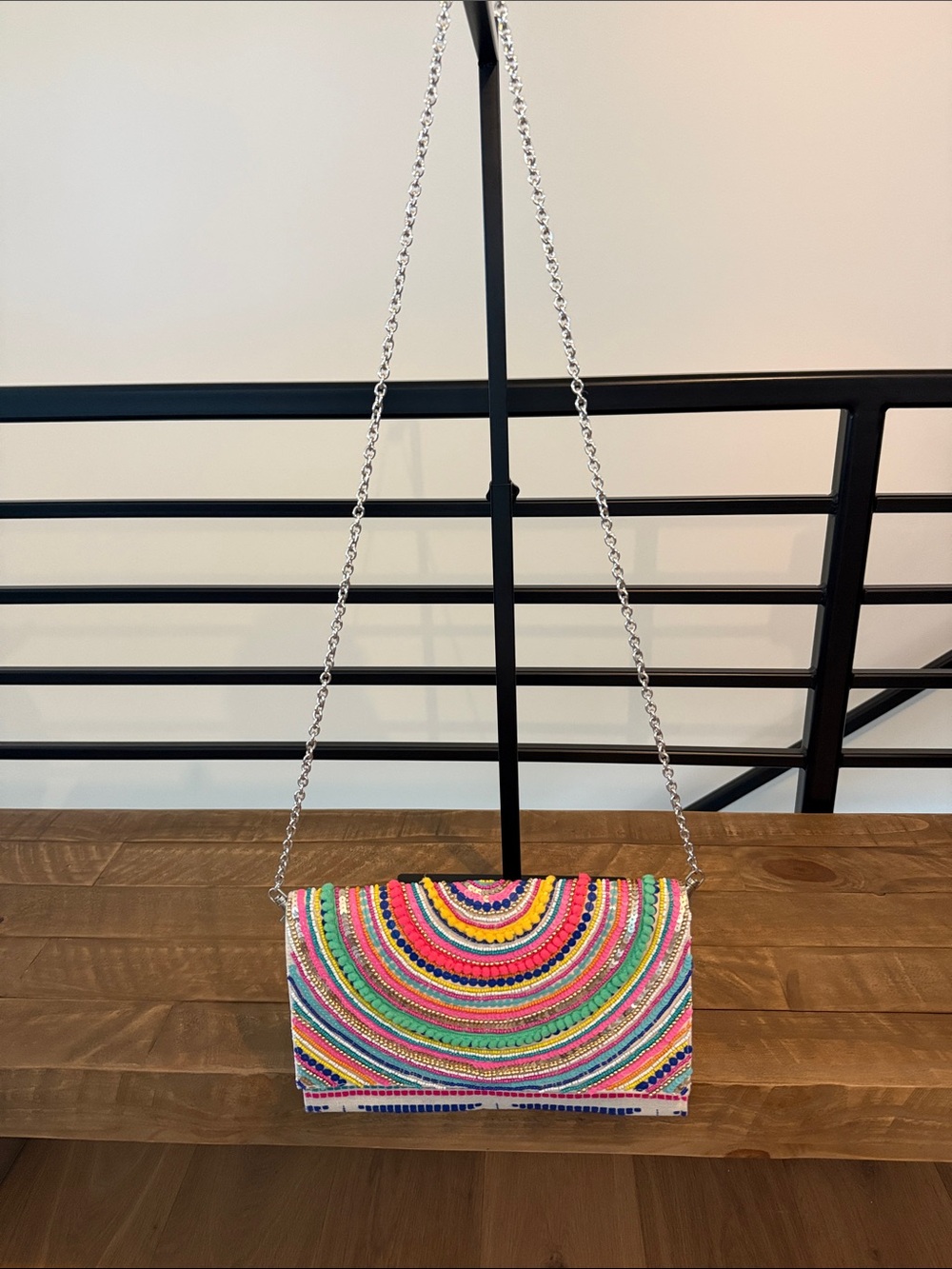 Multicolor Beaded Crescent-Pattern Clutch with Chain Strap